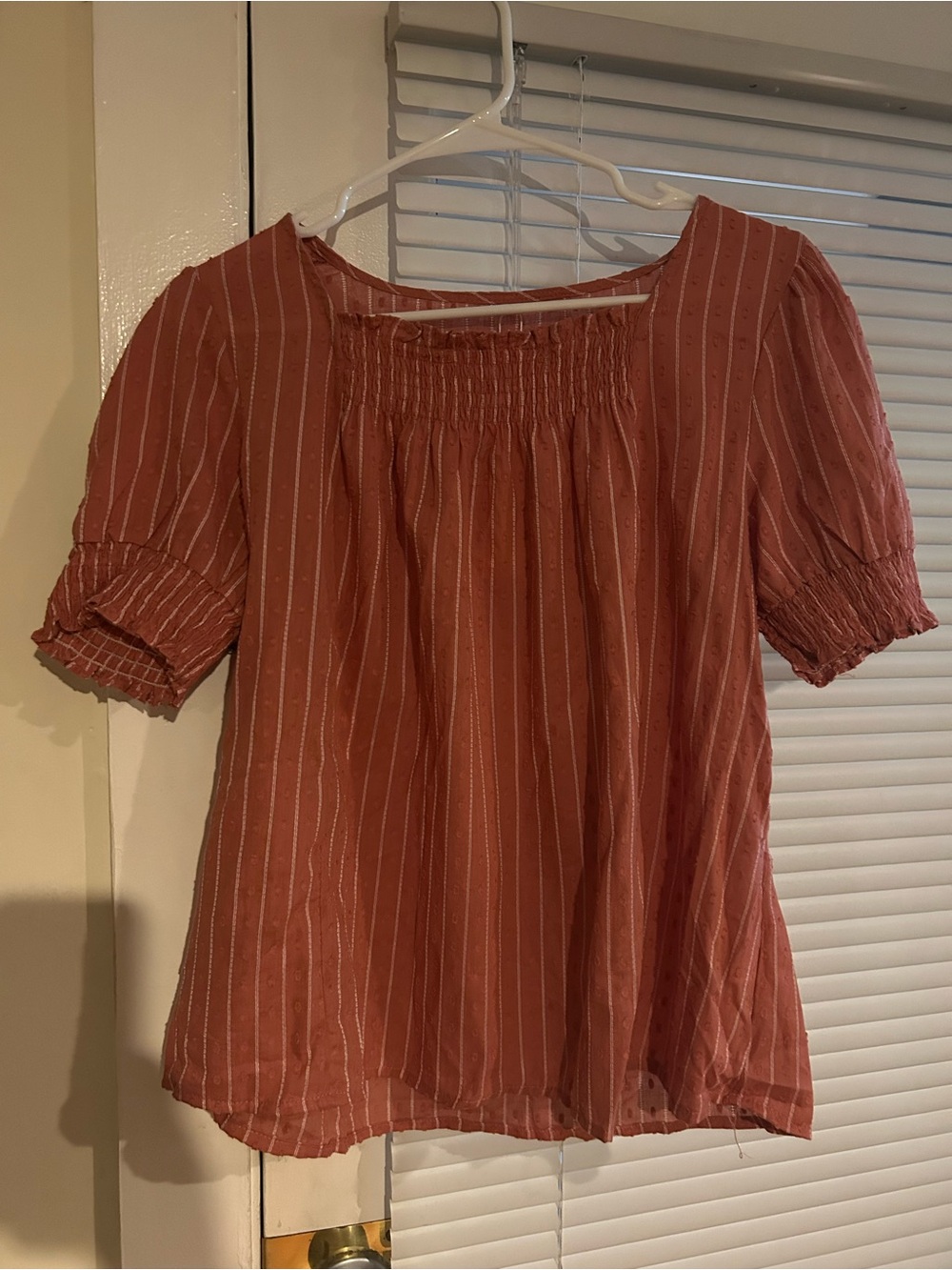 Petallush Rust-Pink Striped Smocked Square Neck Blouse